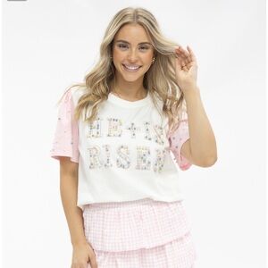 He is Risen White and Pink Graphic Tee Easter